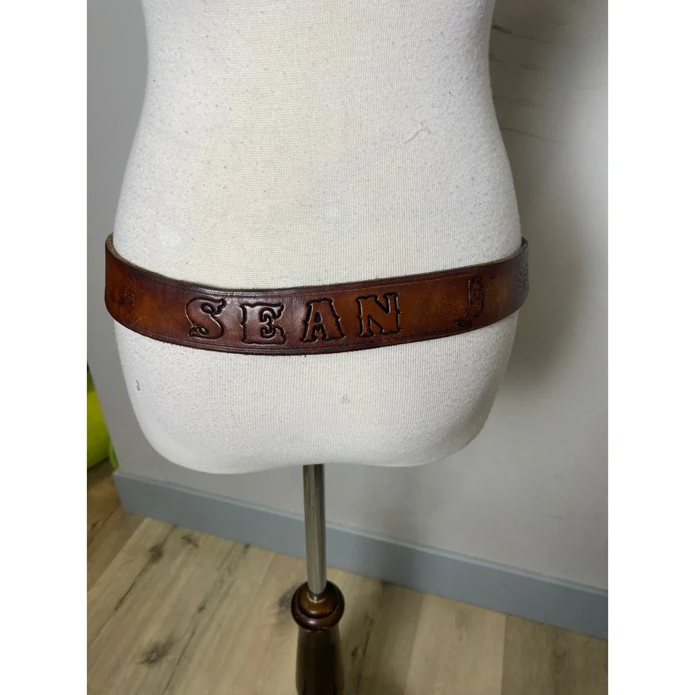 Vintage Personalized SEAN Leather Belt Brown Western Tooled Eagle Cowboy Boot